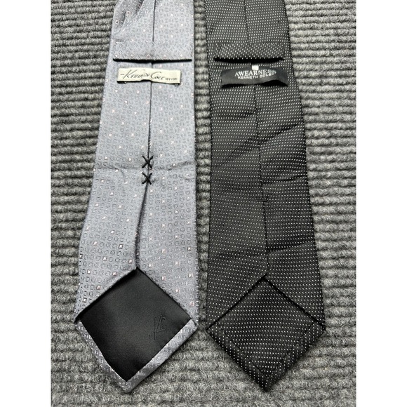 Kenneth Cole Tie Lot of 2 Mens One Size Black Gray Awearness Pattern Dots - Picture 2 of 6